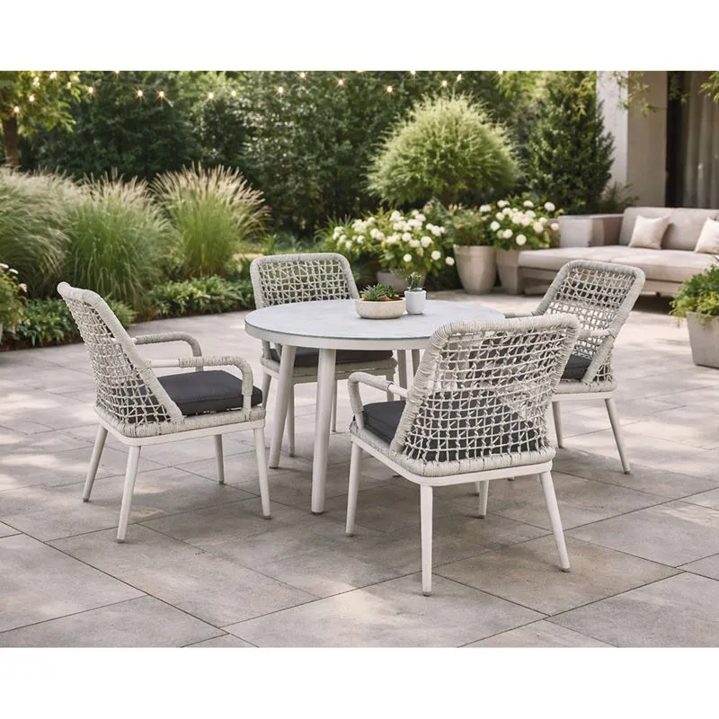 CENTRAL Round Dining Set/Alu Table D100cm+4 Chairs Light Grey/Cushion Anthracite