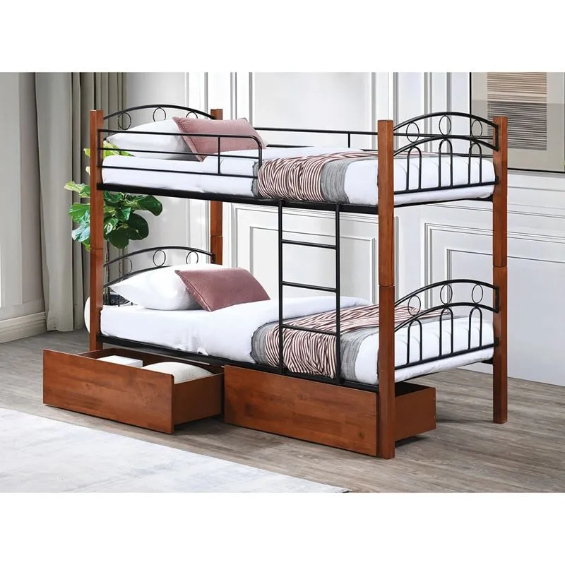 NORTON Double Deck Bed - 2 Drawers 90x190 Metal Black/Wood Walnut
