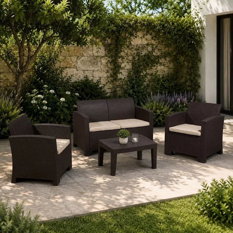 SAVANNA Set Σαλόνι Κήπου Βεράντας K/D, PP-UV Καφέ Μαξιλάρια Grey-White
