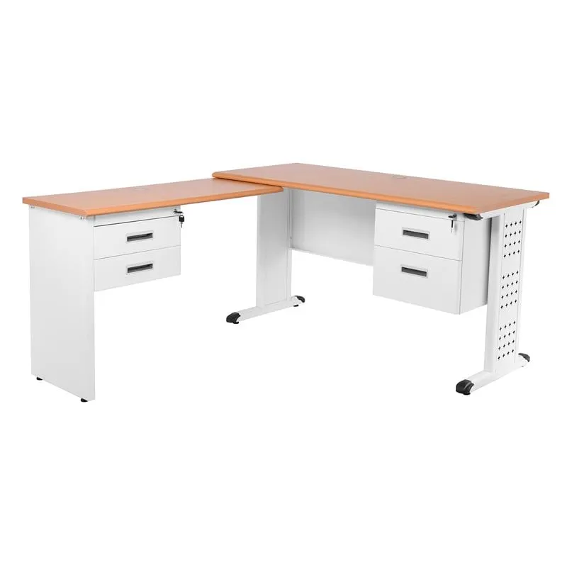 Corner Metal Desk 140x100x60cm White/Maple
