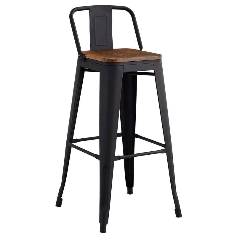RELIX Wood Σκαμπό Bar με Πλάτη,Μέταλλο Βαφή Μαύρο Matte, Απόχρωση Ξύλου Dark Oak