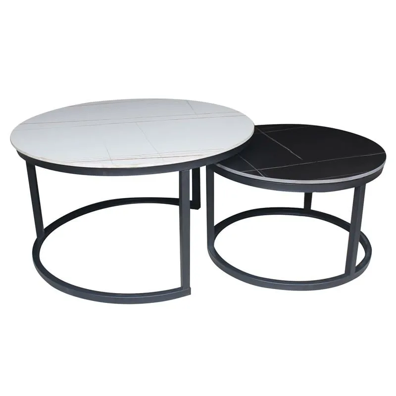 TERRY Set-2 Coffee Tables Metal Black/Sintered Stone D80+D60/White-Black Marble
