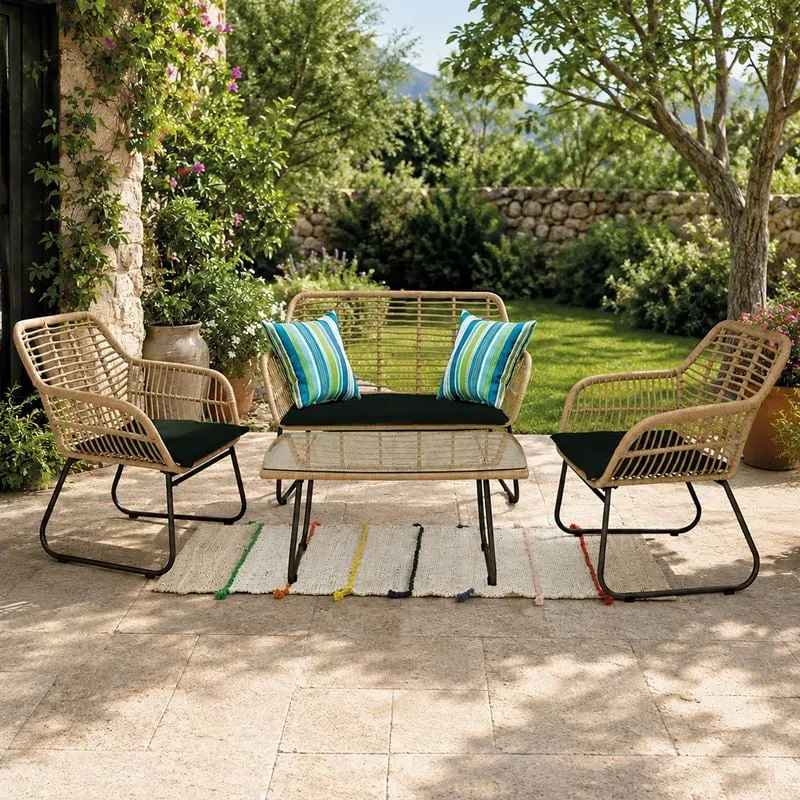SALSA Set Σαλόνι Κήπου Μέταλλο Μαύρο, Wicker Φυσικό: Τραπέζι + Καναπέ 2Θέσιο + 2 Πολυθρόνες