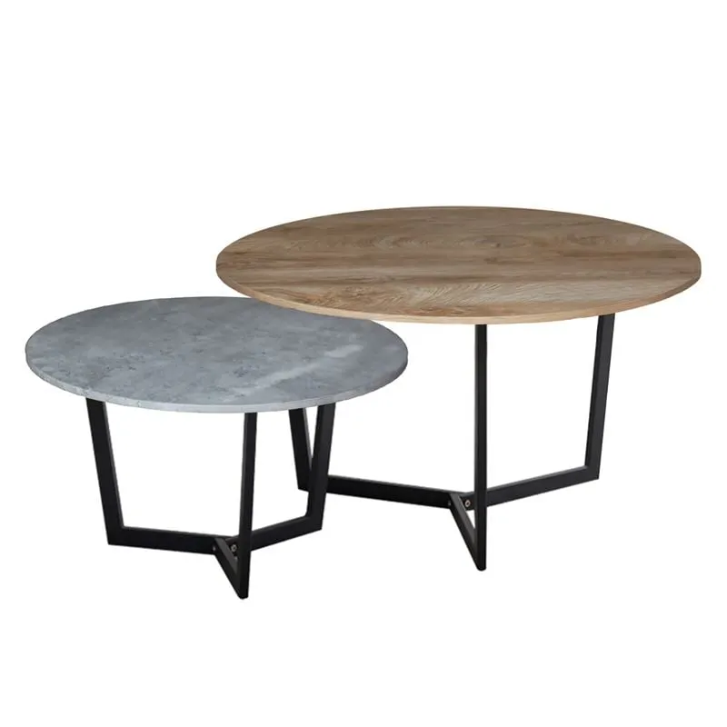 TEDDY Set-2 Coffee Tables D.80cm+D.60cm Metal Black/Walnut/Cement