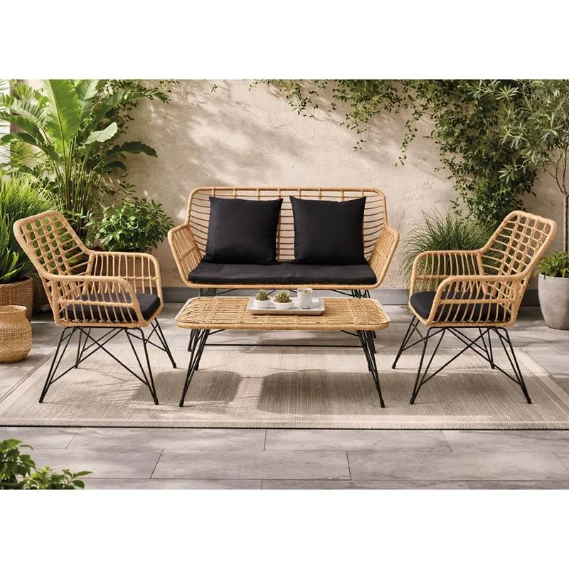 SALSA MAX Living Set (4 pcs) Metal Black/Wicker Natural, Cushions Black