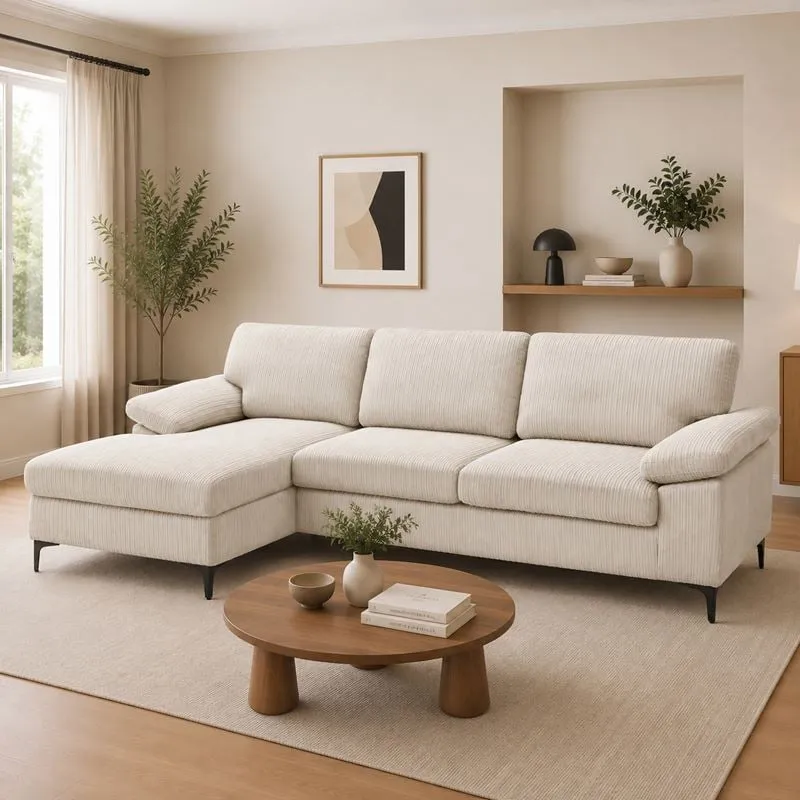CYRIL Left Facing Corner Sofa, Beige Corduroy Fabric