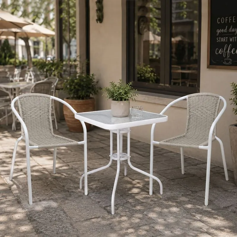 BALENO-W Set (Table 70x70cm+2 Armchairs) Metal White/Beige Wicker