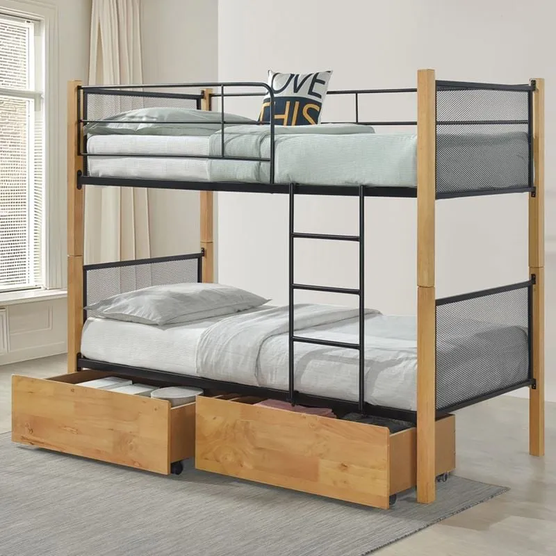 NET Double Deck Bed - 2 Drawers 90x190 Metal Black/Wood Natural