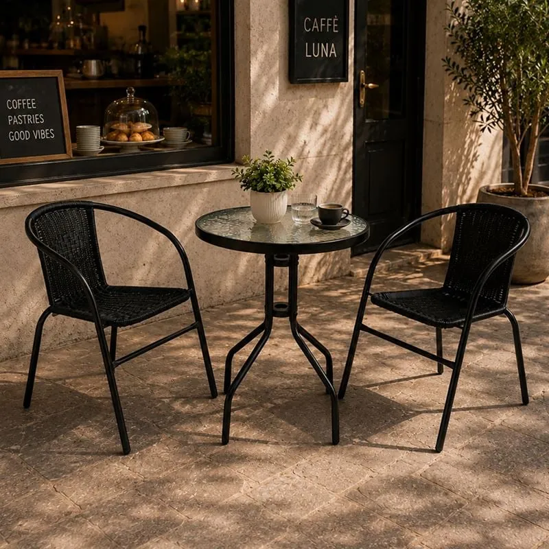 BALENO Set-Pro (Table D60cm+2 Armchairs) Metal Black/Black Wicker