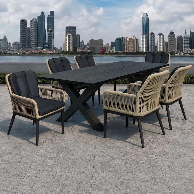 ALLEY Set Τραπεζαρία ALU Ανθρακί-Rope Φυσικό: Τραπέζι 180x94 + 6 Πολυθρόνες με Μαξιλ