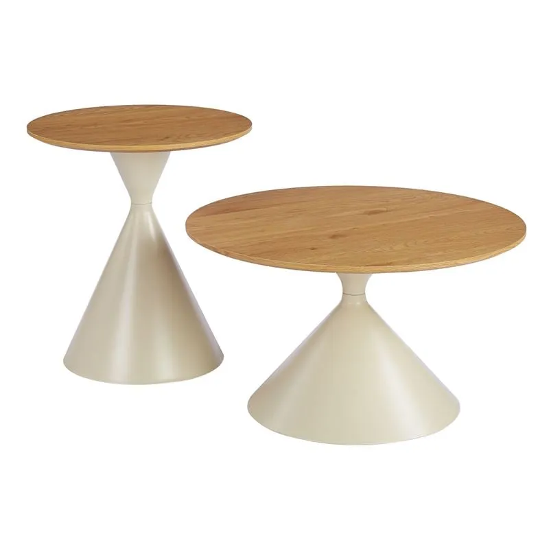 MISTRAL Set-2 Coffee Tables D.50cm+D.70cm Metal Beige/MDF Natural