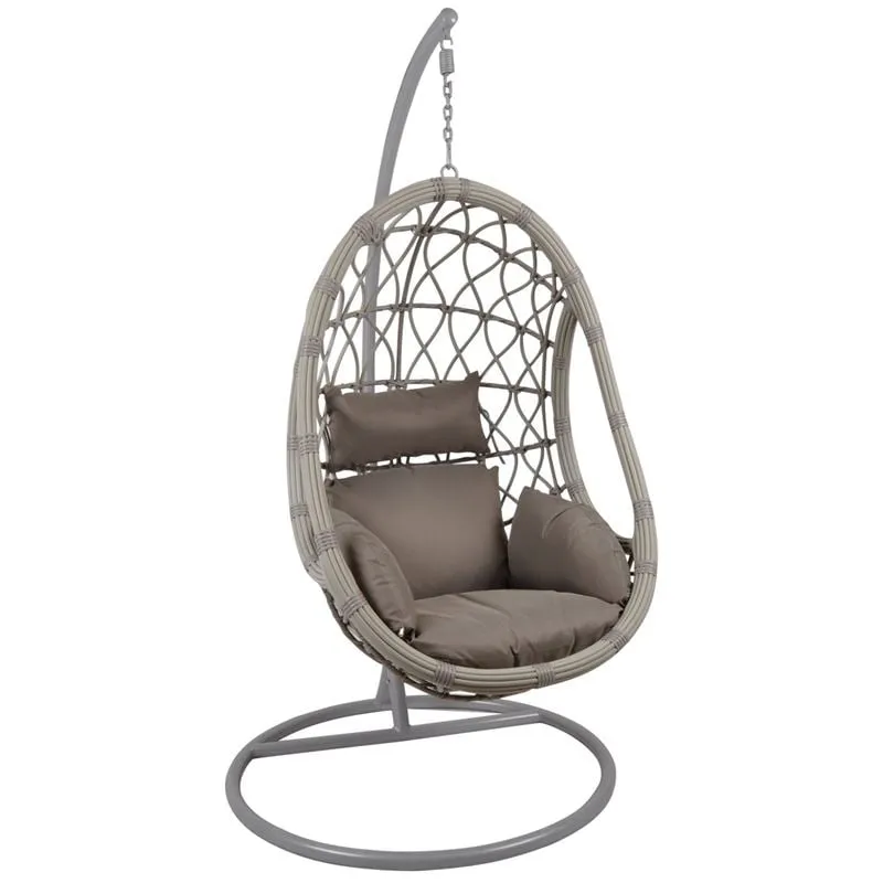 MACAN Κρεμαστή Πολυθρόνα, PE Wicker Grey, Μέταλλο Βαφή Γκρι, Μαξιλάρι Cappuccino