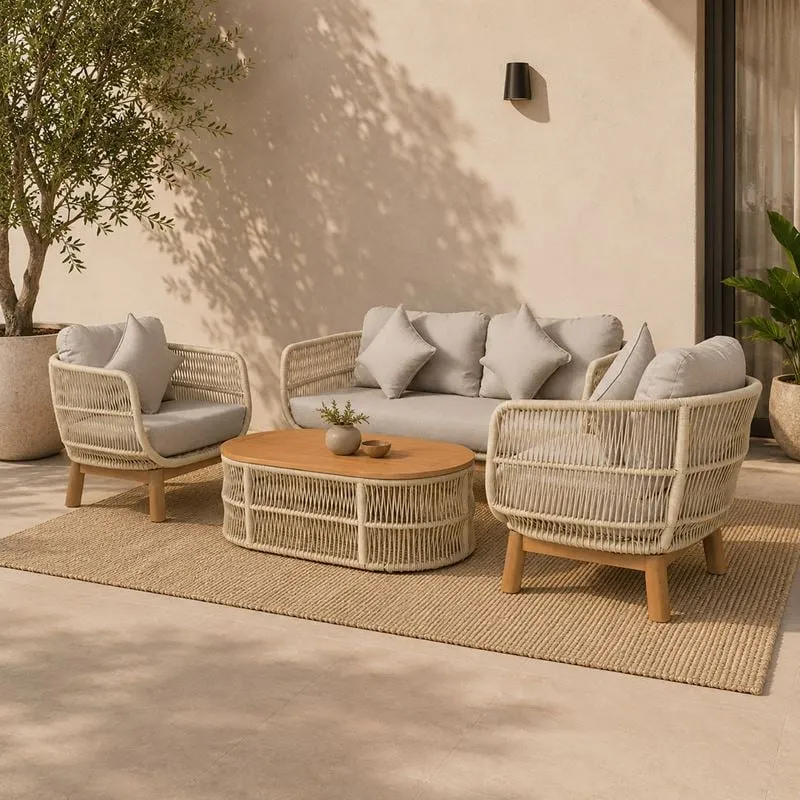 MARK Set (4pcs) Acacia Natural, Rope Wicker Beige, Cushions Beige