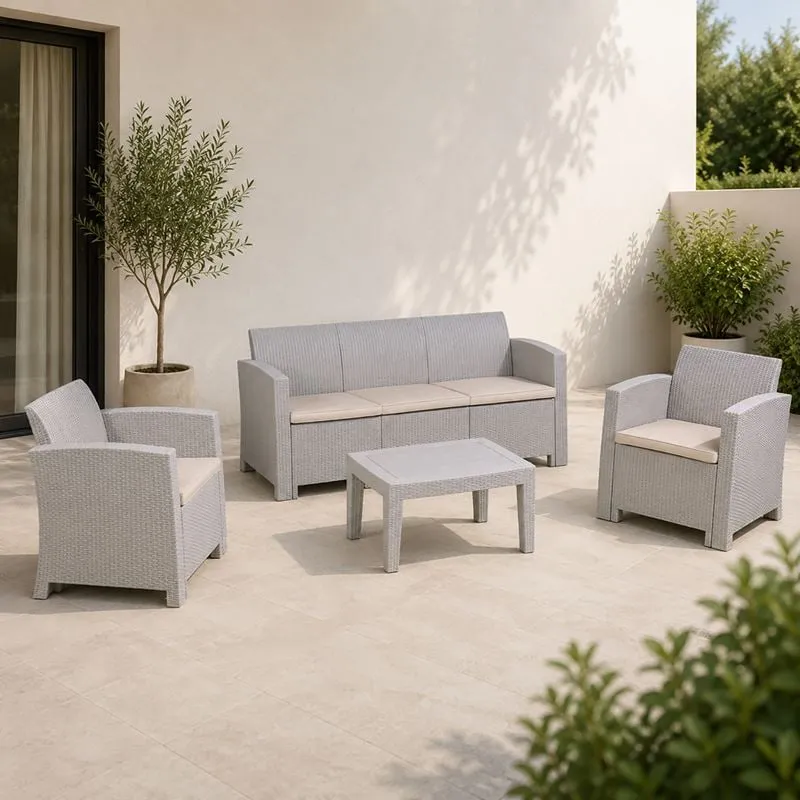 SAVANNA Set K/D (Table+3-Seat Sofa+2 Armchairs) PP-UV Sand Grey/Cushions Beige
