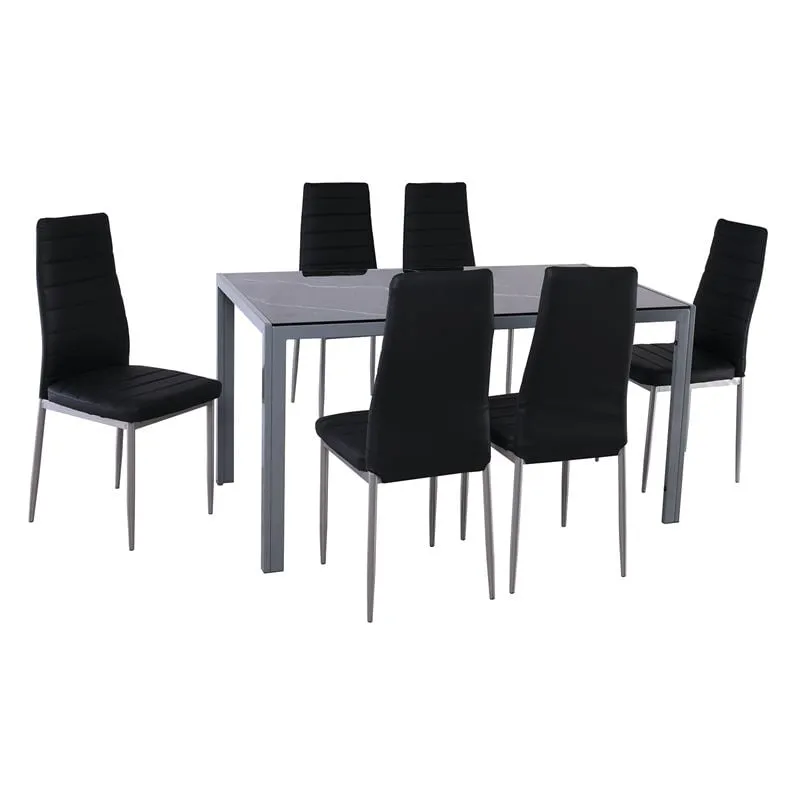 JETTA-DEGO Set (Table 140x80+6 Chair) Metal Grey/Glass Black Marble/PVC Black