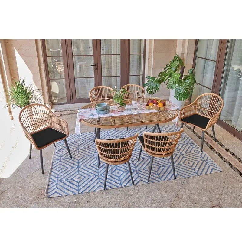 SALSA Dining Set (1+2+4) Metal Black/Wicker Natural, Cushions Black