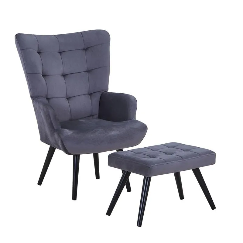 LOBBY Set Armchair & Stool Metal Black, Fabric Velure Dark Grey