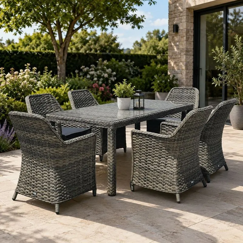 ESPERIA Set Τραπεζαρία Κήπου ALU,Wicker Grey Brown-Ανθρακί: Τραπέζι 180x90 + 6 Πολυθρόνες