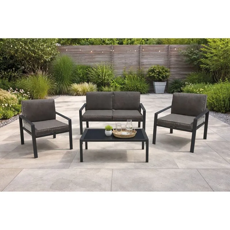 RIVIAN Set Σαλόνι Κήπου 4τεμ, Μέταλλο Βαφή Ανθρακί, Μαξιλάρια Γκρι