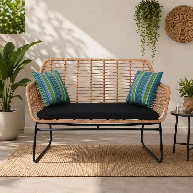 SALSA 2-seat Sofa Black Metal/Natural Wicker, Cushion Black