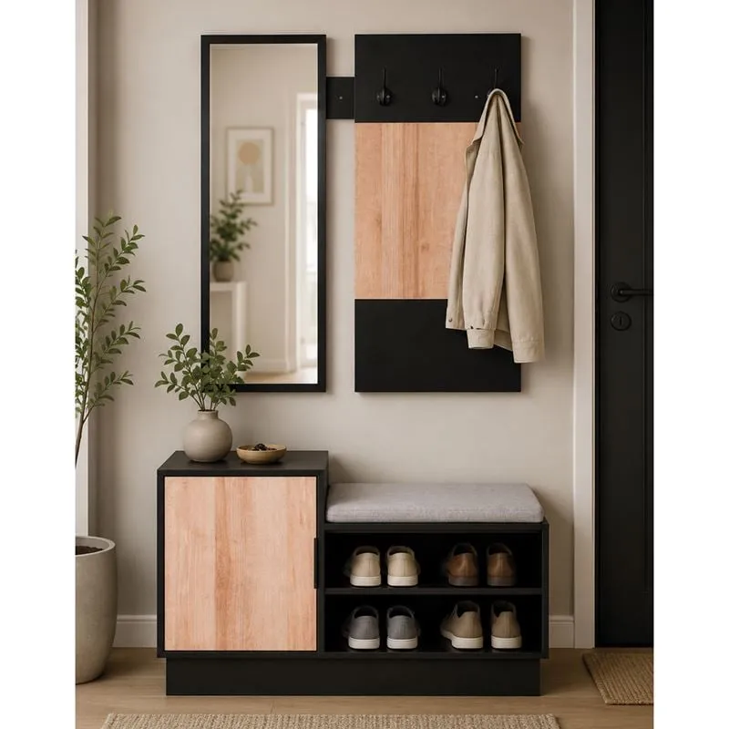 LECO Hallway Cabinet with Mirror, Black-Sonoma