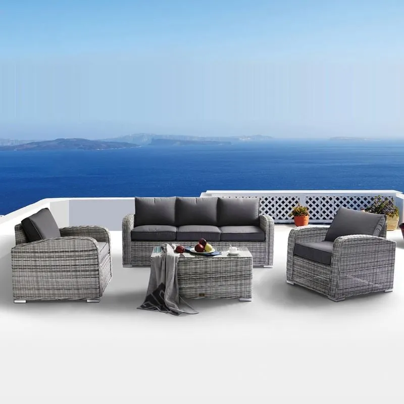BELMAR Living Set Grey White Wicker 4pcs (Cushions Dark Grey)
