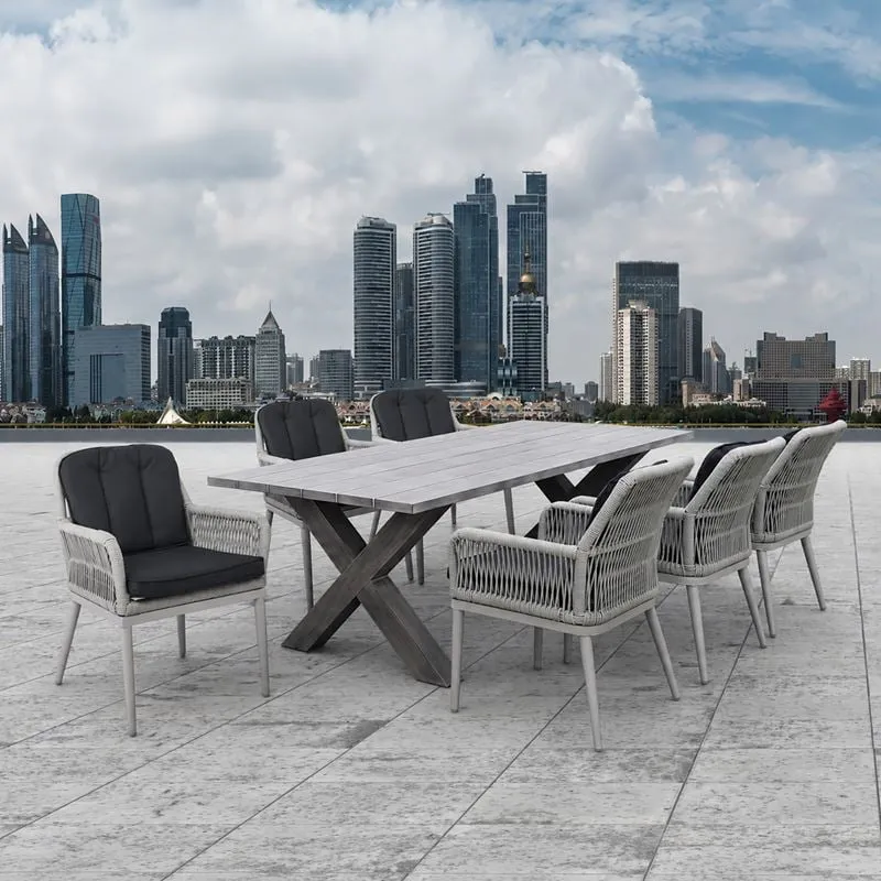 ALLEY Set Τραπεζαρία Κήπου ALU & Rope Grey-Μαξιλ.Ανθρακί: Τραπέζι 180x94 + 6 Πολυθρόνες