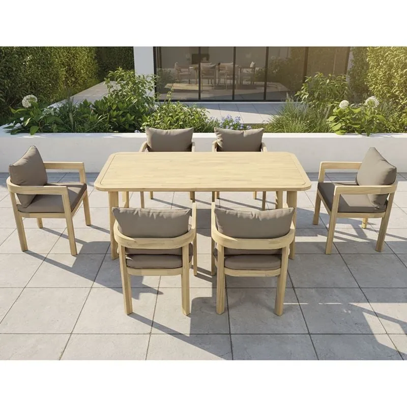 FLORIDA Dining Set (Table 180x90cm+6 Armchairs) Acacia, Cushions Cappuccino
