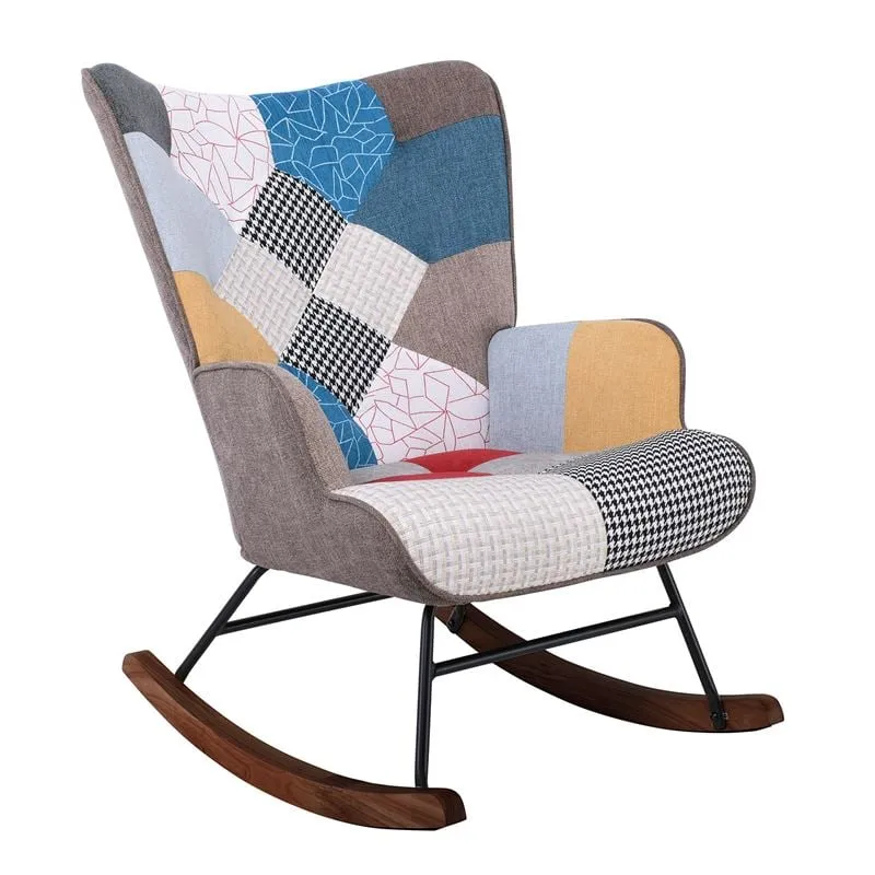 ALMA Rocking Armchair Patchwork Fabric/Black Frame/Walnut Base (K/D)