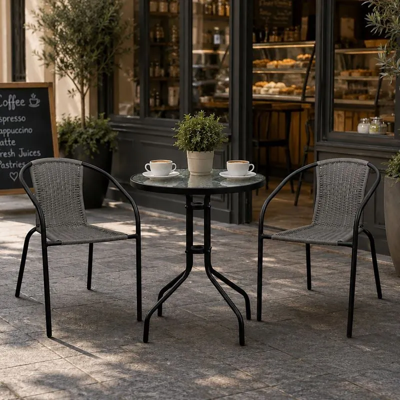 BALENO-W Set (Table D.60cm+2 Armchairs) Metal Black/Mixed Grey Wicker