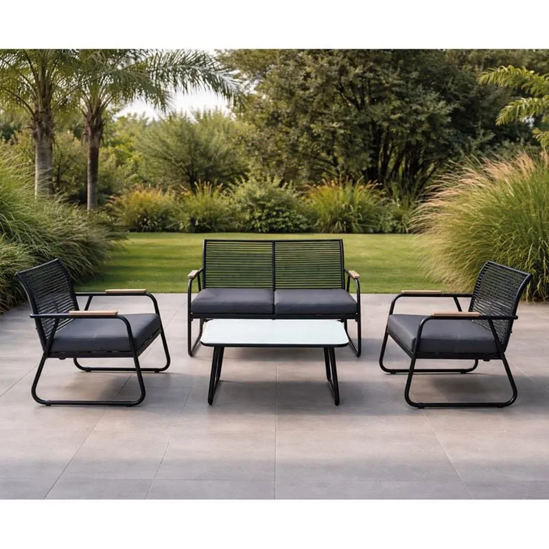 ROCCO Set (4pcs) Metal Black/Rope Wicker Grey/Cushions Dark Grey