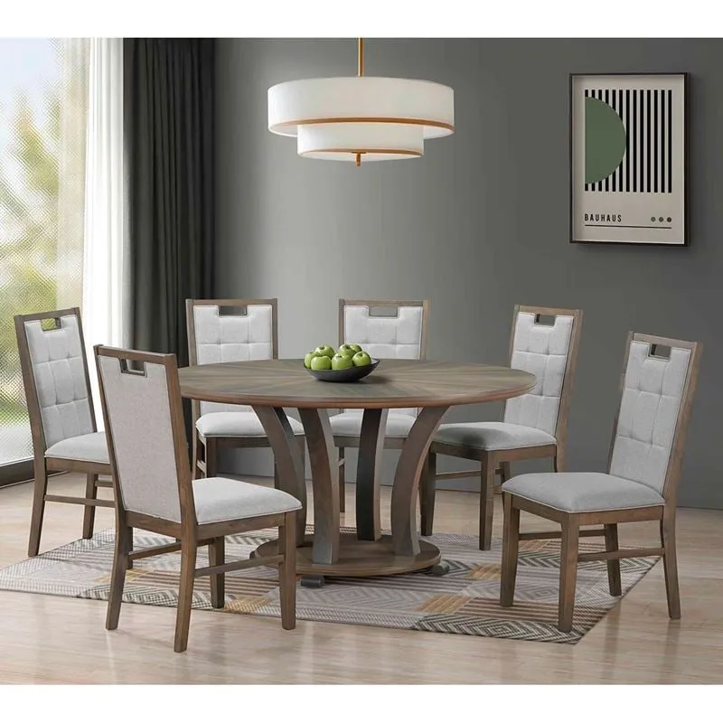 GORDON Set Τραπεζαρία Σαλονιού Ροτόντα Ξύλινη (1+6), Antique Grey Walnut, Ύφ.Γκρι