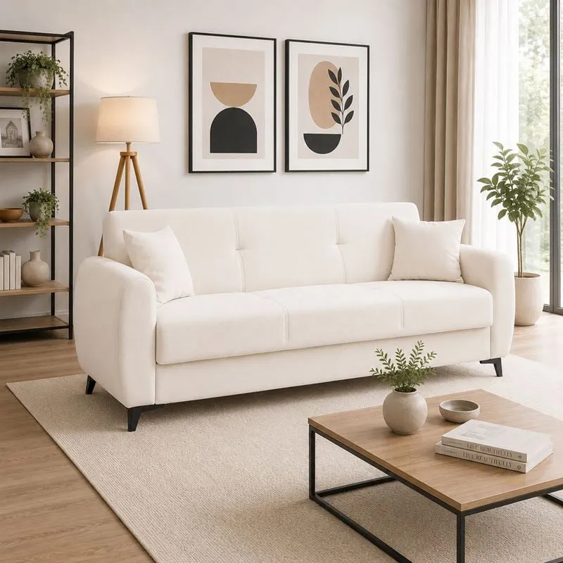 DARIO Καναπές – Κρεβάτι με Αποθηκευτικό Χώρο, 3Θέσιος Ύφασμα Εκρού