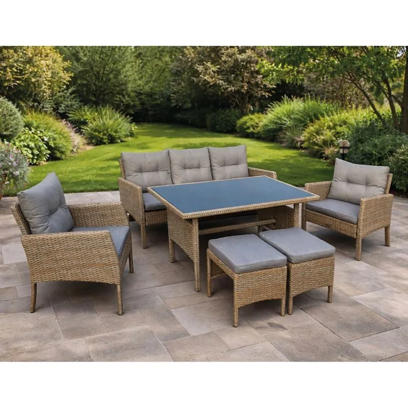 CALIFORNIA Set Metal K/D (6pcs) Twin Wicker Natural/Cushions Grey