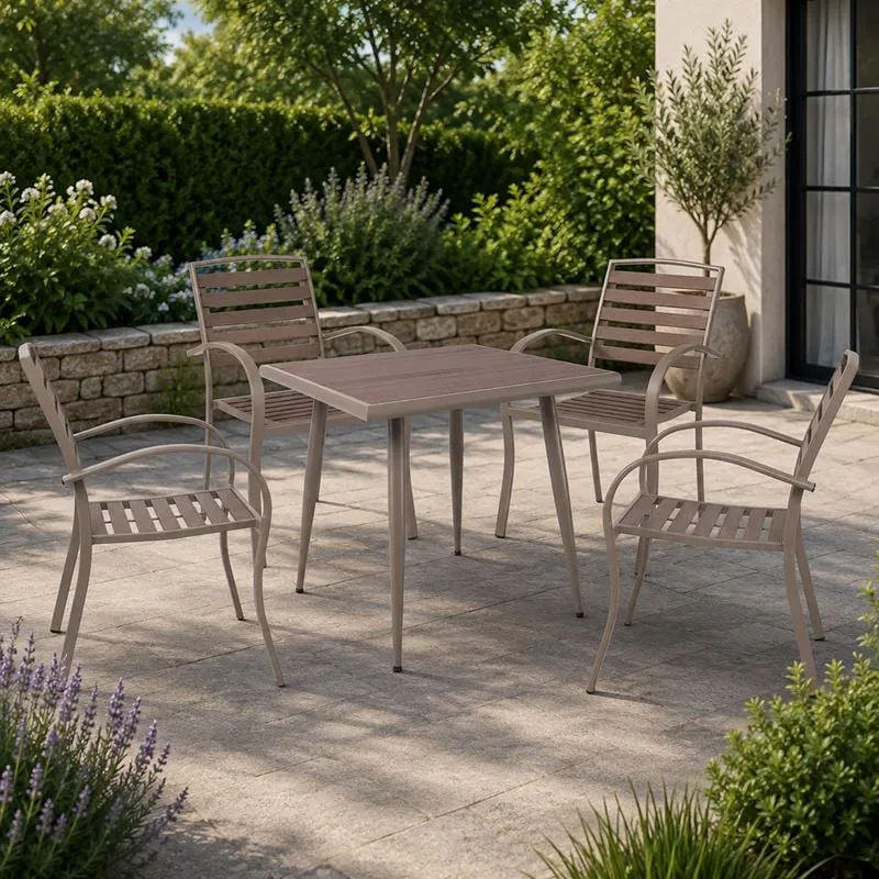 SERRANO Set Κήπου: Τραπέζι + 4 Πολυθρόνες, Μέταλλο Βαφή Sand Beige, Polywood Καρυδί
