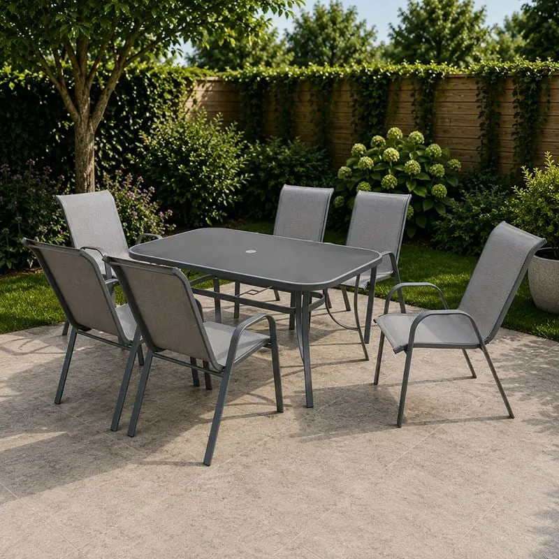 RIO Set (Table 150x90cm+6 Armchairs) Metal Dark Grey/Textilene Grey