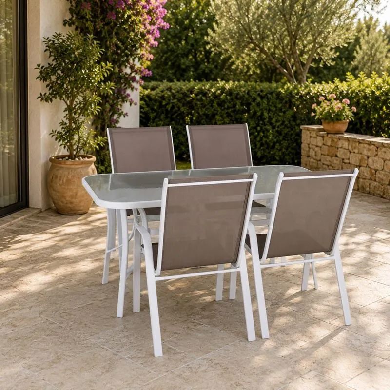 RIO Set (Table 120x70cm+4 Armchairs) Metal White/Textilene Cappuccino