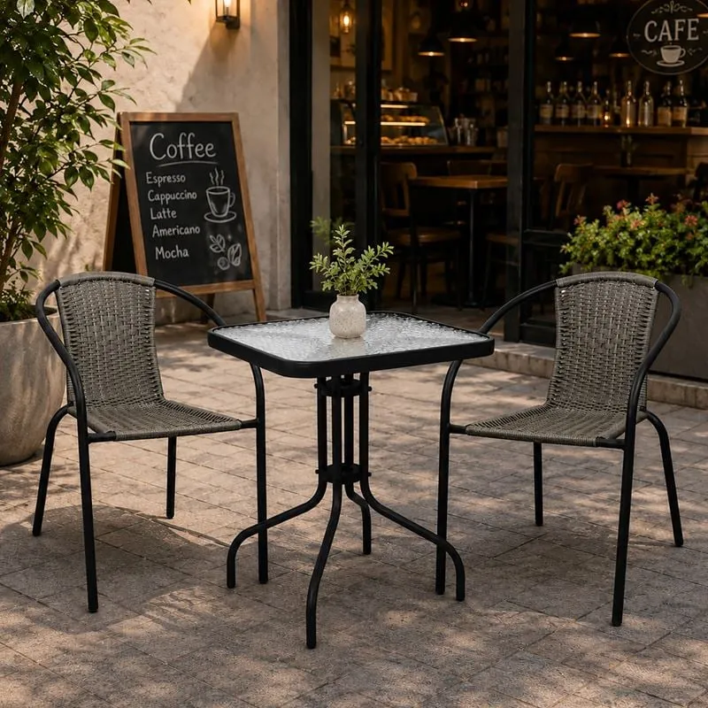 BALENO-W Set (Table 70x70cm+2 Armchairs) Metal Black/Mixed Grey Wicker