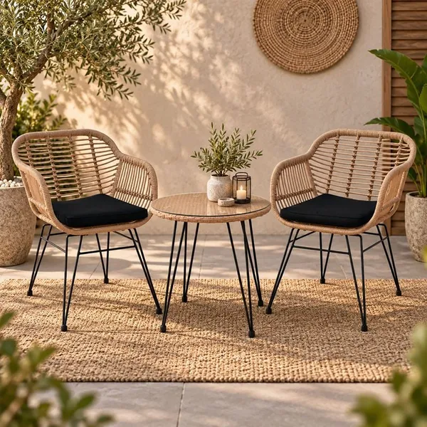 SALSA Set (TableΦ52cm+2 Armchairs)Metal Black/Wicker Natural, Cushion Black