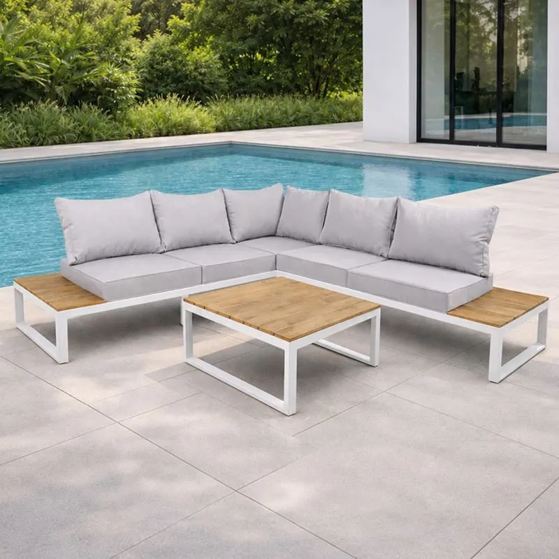 MEXICO Set (Corner Sofa + Table) Alu White/Cushion Grey