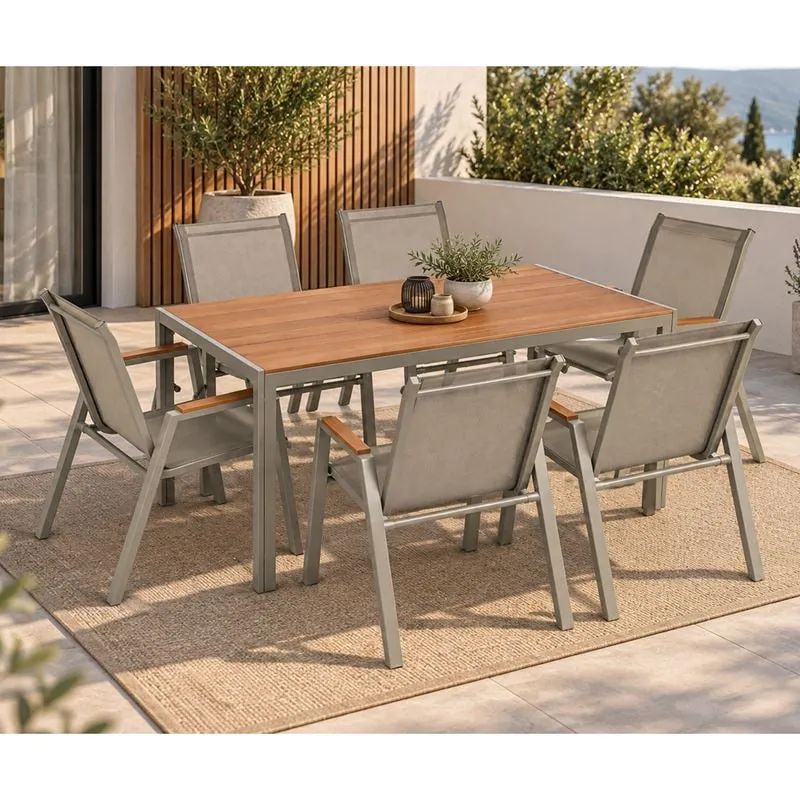 VIRNA Set (Table 150x90cm+6 Armchairs) Metal Beige/Polywood Natural