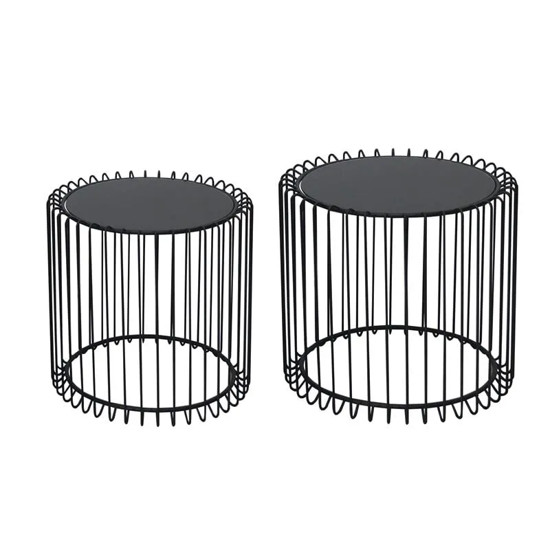 RICO Set-2pcs Coffee Tables D.45+D.50cm Metal Black/Glass Smoke