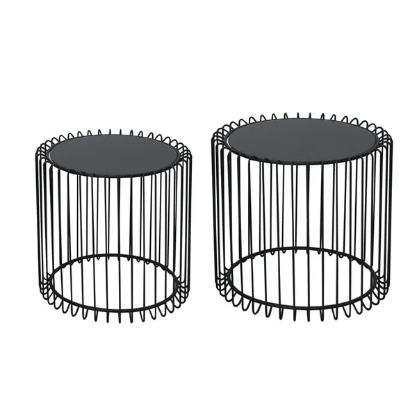 RICO Set-2pcs Coffee Tables D.45+D.50cm Metal Black/Glass Smoke