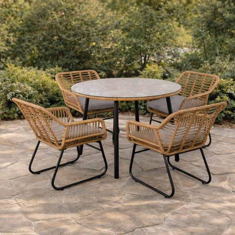 SALSA Round Dining Set (T.D100+4 Chair) Metal Black/Wicker Natural, Cushion Grey