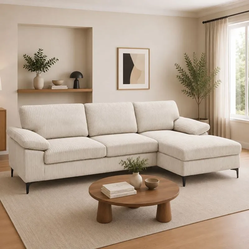 CYRIL Right Facing Corner Sofa, Beige Corduroy Fabric