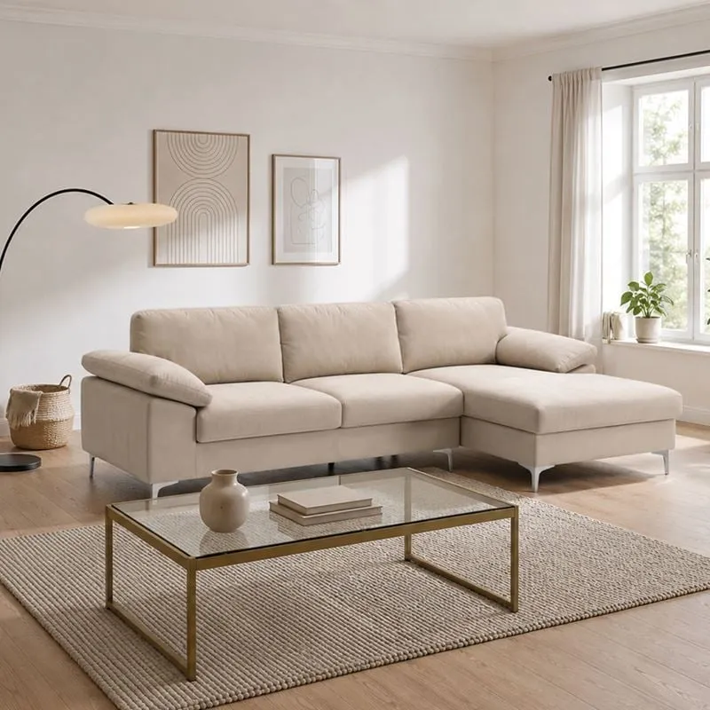 ALEX Corner Sofa Fabric Beige Velure (Left Sitting Chaise)