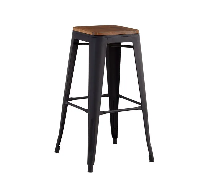 RELIX Wood Σκαμπό Bar, Μέταλλο Βαφή Μαύρο Matte Κάθισμα Dark Oak, Στοιβαζόμενο