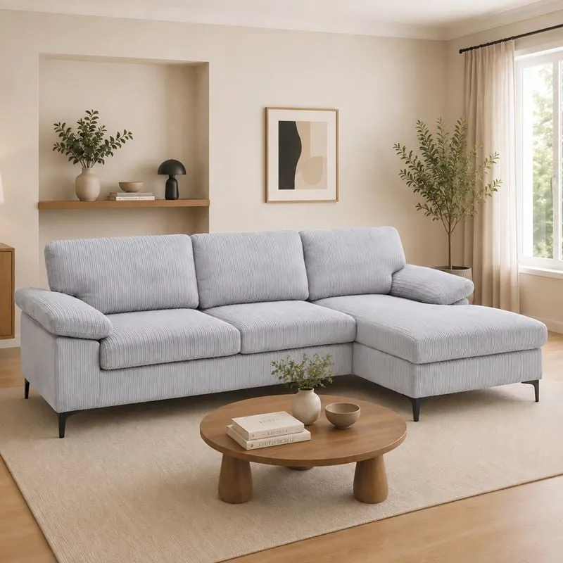 CYRIL Right Facing Corner Sofa, Grey Corduroy Fabric