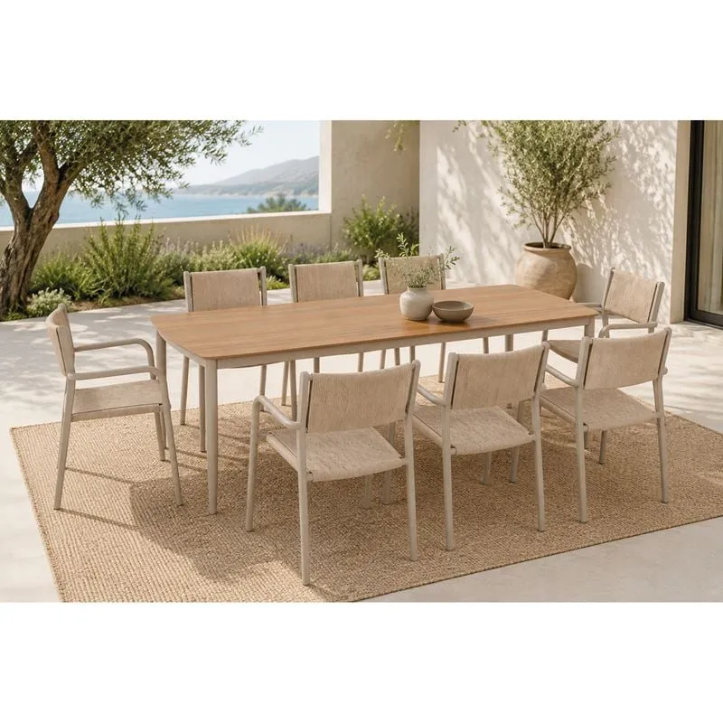 DENVER Set (T.220x97+8 Armchairs) Alu Beige/Polywood Natural/Rope Wicker Beige