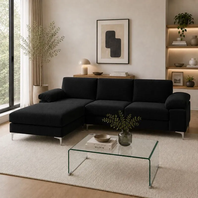 ALEX Corner Sofa Fabric Black Velure (Right Sitting Chaise)